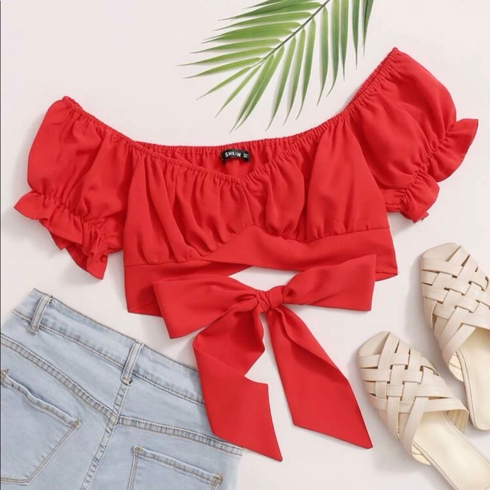 Tied Hem Puff Sleeve Crop Top